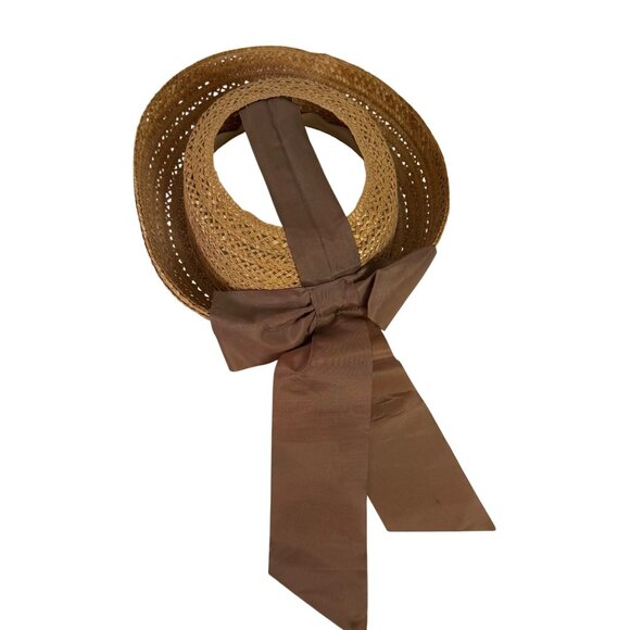 Natural Straw Boater Hat Open Crown VTG 1940s Brown Bow Rolled Brim Tailored - Picture 6 of 9